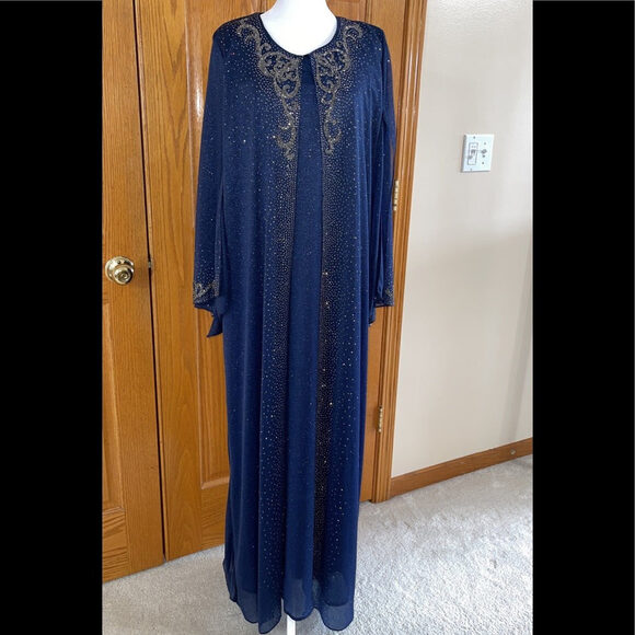 Formal Dress Plus Sizes 16W 18W 22W 24W Long Sleeves Navy Beaded Kaftan Maxi NEW - Picture 9 of 14